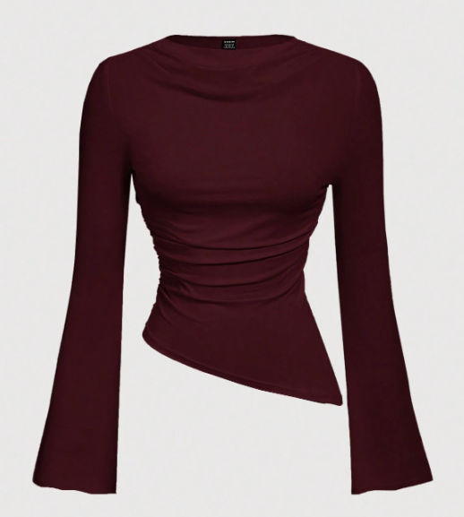 T-shirt Femme Bordeaux Polyvalent – Encolure Ras-du-Cou, Manches Évasées Froncées & Taille Cintrée