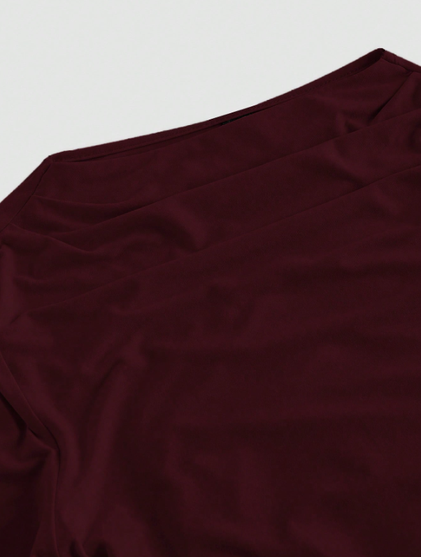 T-shirt Femme Bordeaux Polyvalent – Encolure Ras-du-Cou, Manches Évasées Froncées & Taille Cintrée