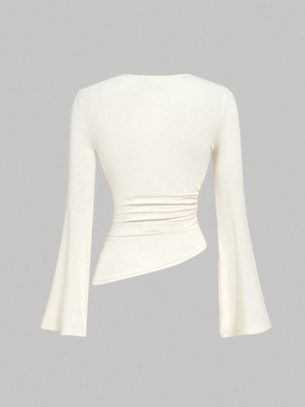 T-shirt Femme Bordeaux Polyvalent – Encolure Ras-du-Cou, Manches Évasées Froncées & Taille Cintrée